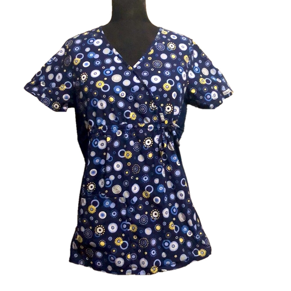 Cherokee Navy Circle Patterned Scrub Top, Size M